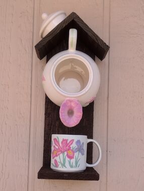 Handmade Rustic Wooden Bird Feeder Flower Teapot The Lady Garden